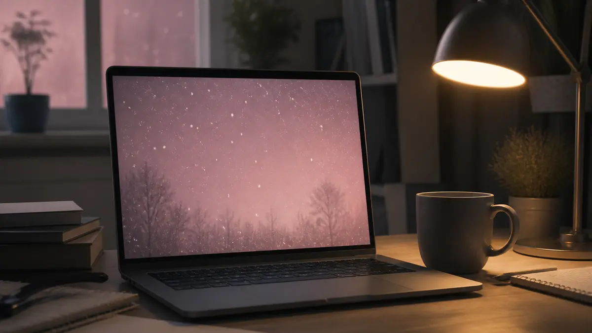 A laptop in a dim room filling the desk with a dusty rose-gray glow, no letters or logos. Fullscreen is for the passer-by; Esc is the reveal.