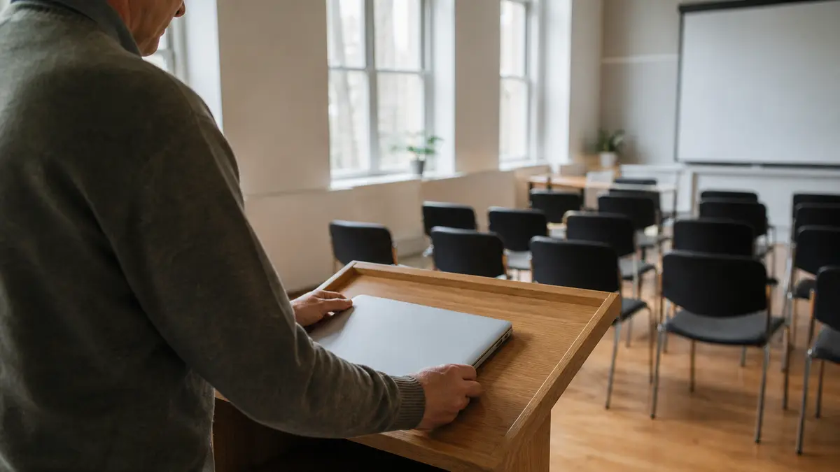 A small classroom lectern in morning light, a closed silver laptop being set down before a talk, empty chairs facing the desk. This is the start-delay moment on the stopwatch page: put the laptop down, then start fullscreen so the room sees elapsed time.