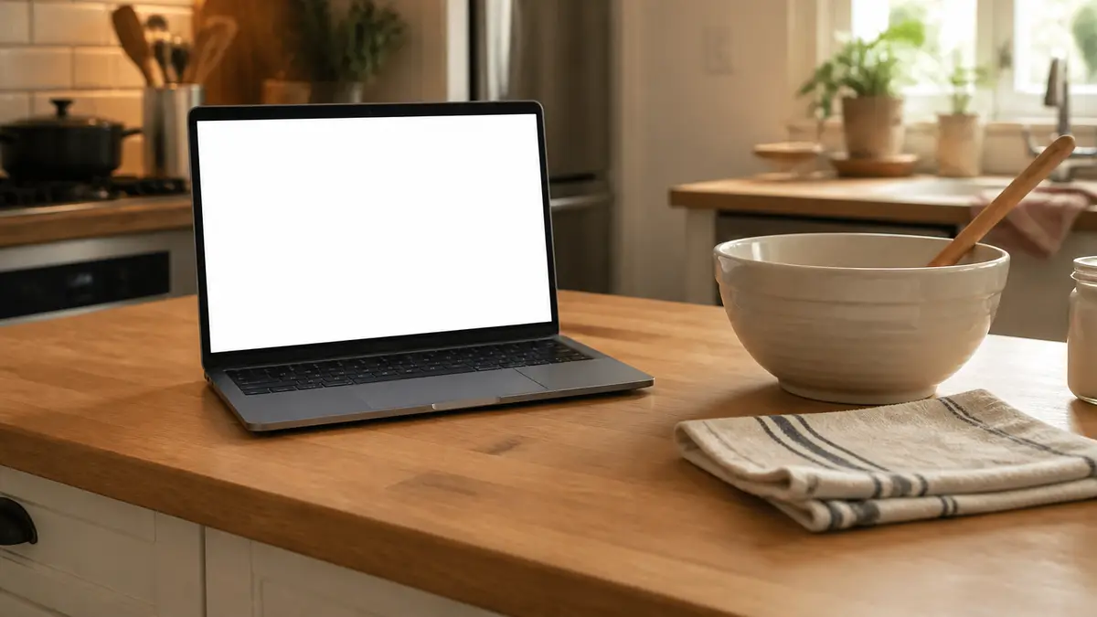 A kitchen counter with an open laptop facing the room, a mixing bowl and wooden spoon beside a white screen. Drills and kitchen holds use the same count-up overlay people can see from their seat.