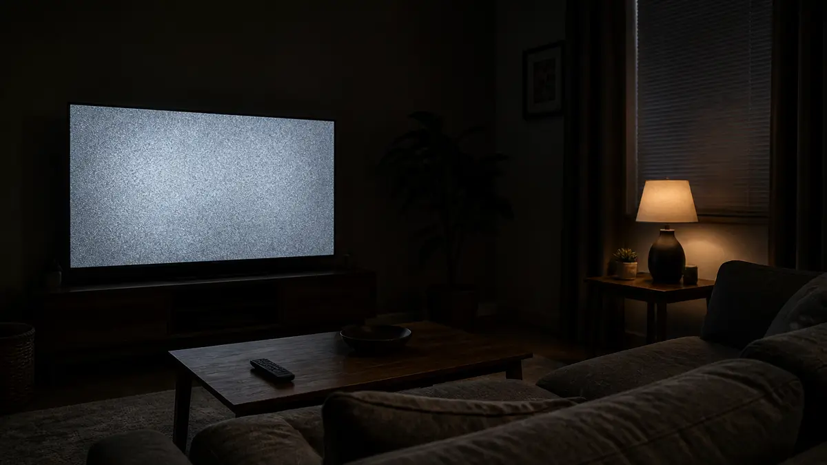 A living-room television filling a dark couch with a soft gray snow glow, no interface labels. White noise here is static plus hiss in this tab, not a solid white page.