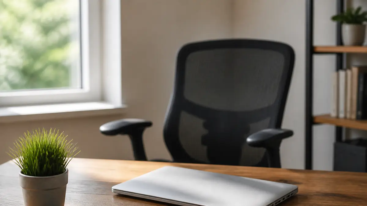 An empty office chair and a closed laptop on a wooden desk in daylight, no readable screen text. This is the start-delay moment before the white noise overlay runs.