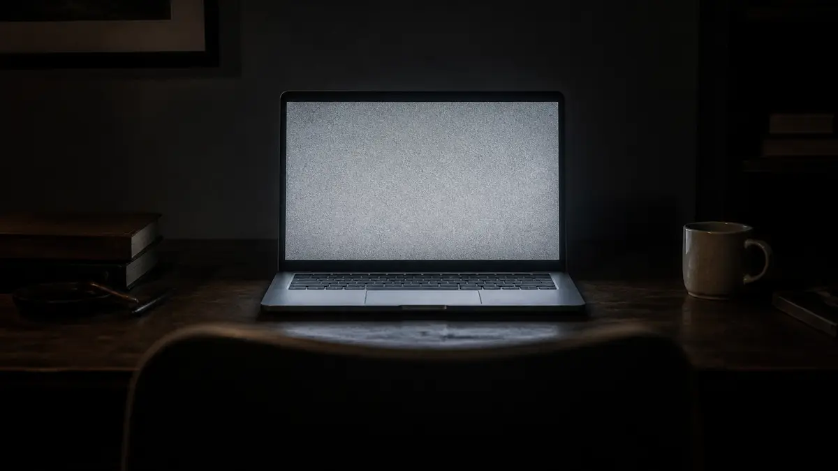 A laptop in a dim room filling the desk with a grainy gray glow, no letters or logos. Fullscreen is for the passer-by; Esc is the reveal.