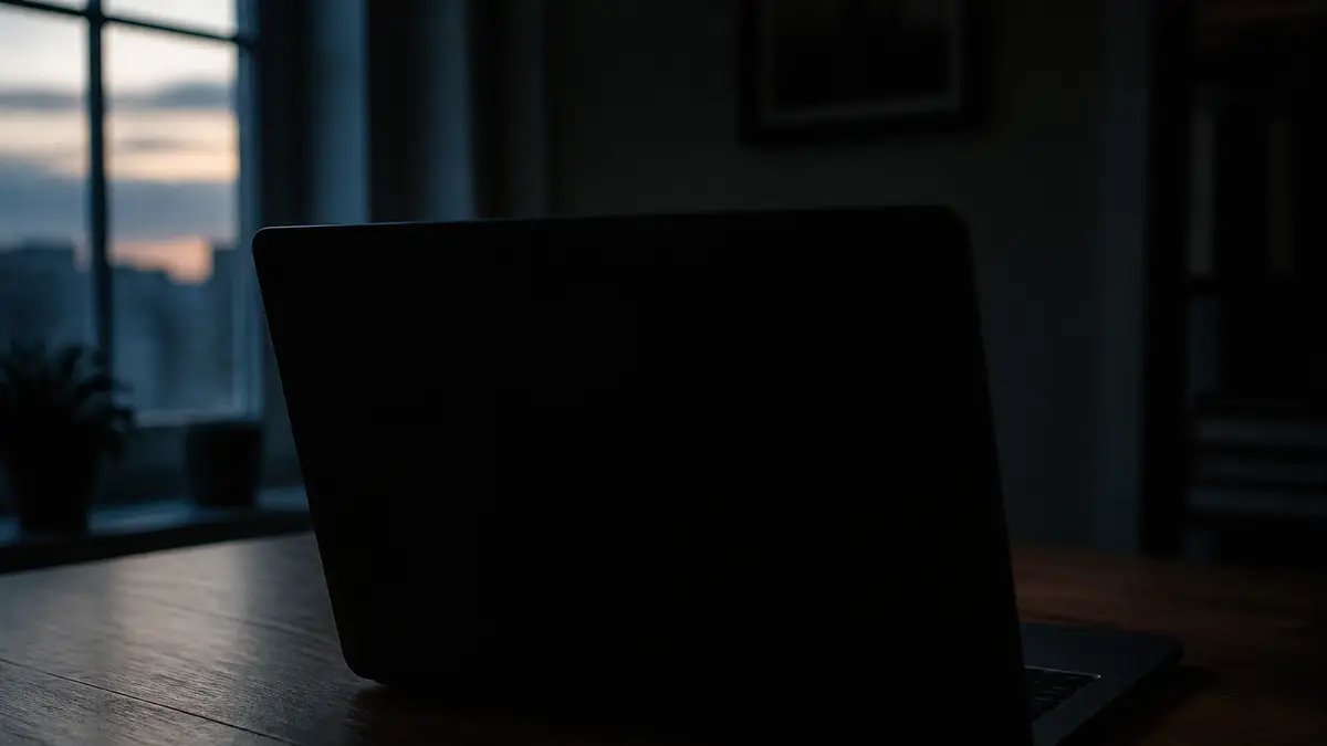 Near-black laptop glow on a desk with a faint window light, no interface labels