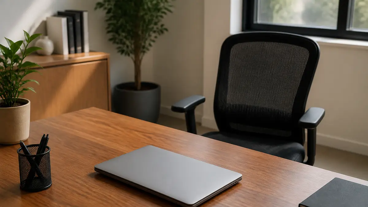 Empty office chair and a closed laptop on a wooden desk, no readable screen text