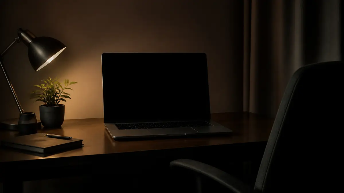 Laptop in a dim room filling the desk with a solid dark glow, no letters or logos
