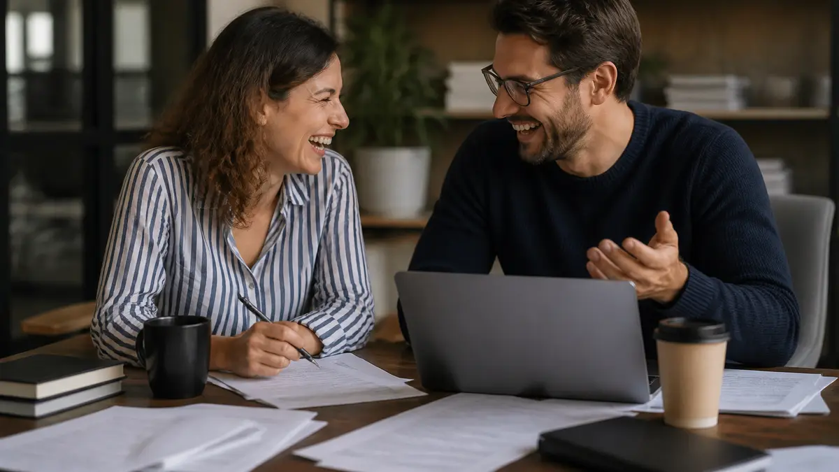 Two coworkers laughing beside a messy desk after a short joke, laptop screen not readable