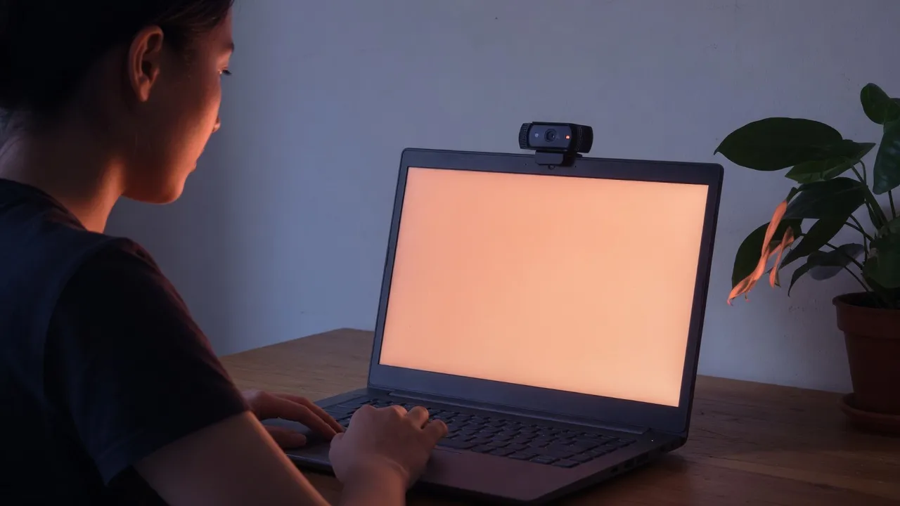A person at a desk lit by a laptop whose whole screen is one warm peach field, webcam on the lid.