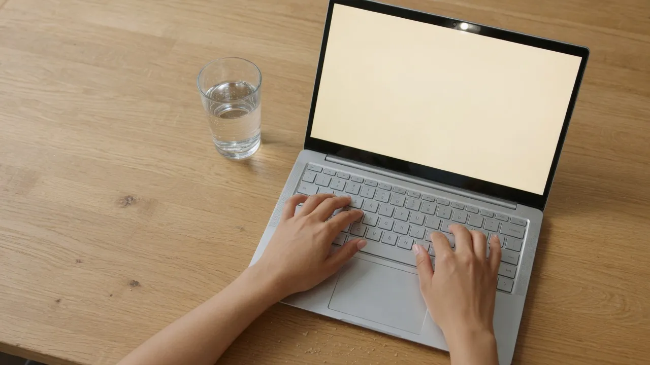 Hands on a laptop whose screen is one even warm cream field, next to a glass of water, with no interface text.