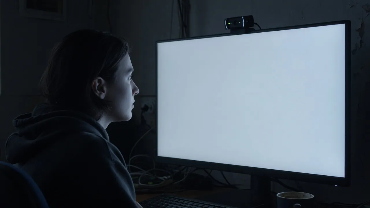 A person facing a monitor that is one even cool white field, with a webcam on the top edge and no on-screen text.