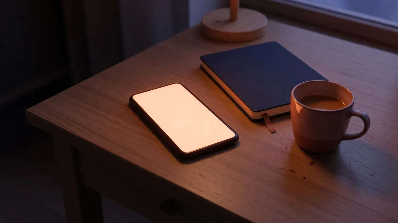A phone lying sideways on a desk, its screen one warm orange-white glow beside a notebook and a cup.